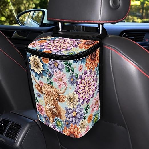 Highland Cow Car Trash Can Dahlia Dustbin Organizer Storage Bag for Most Car Van SUV Truck Sedan Auto Interior Accessory Decor Easy to Clean