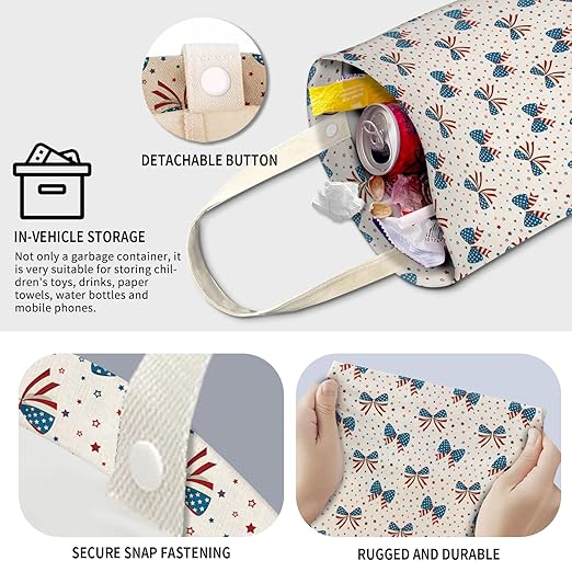 Cute Car Trash Can, Hanging Canvas Car Back Seat Organizer and Storage Bag, Funny Car Trash Bag For Travelling, Outdoor American Patriotic Bow