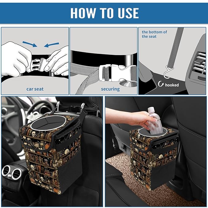 Gothic Skull Floral Car Trash Can with Lid Collapsible Reusable Waterproof Car Garage Bag,Automotive Garbage Can,Car Accessories Interior Car Organizer