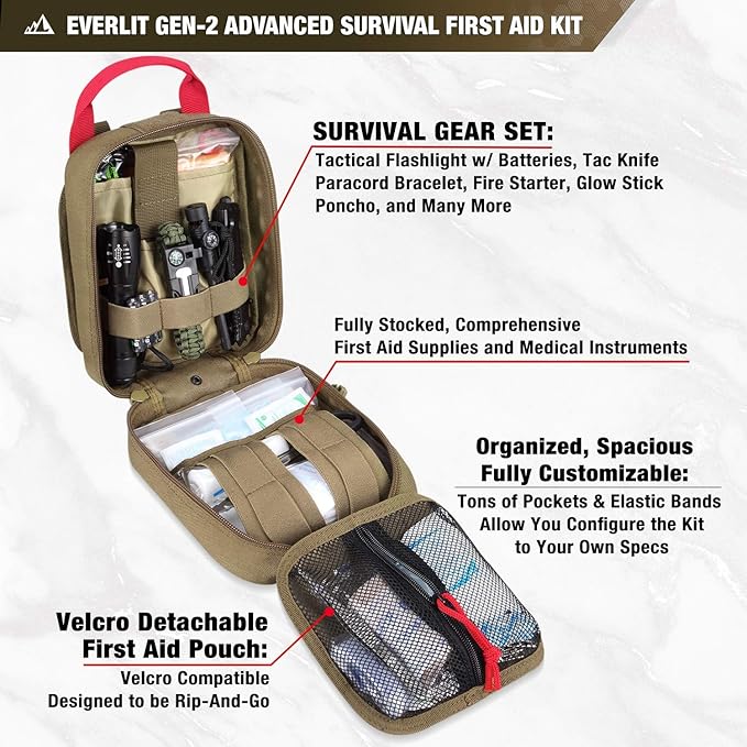 Everlit Survival Upgraded Survival First Aid Kit Emergency Gear Trauma Kit with 1000D Nylon Laser Cut Tactical EMT Pouch for Outdoor, Camping, Hunting, Hiking, Earthquake, Home, Office