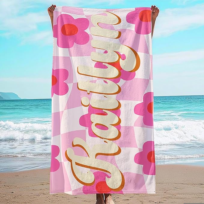 JML Personalized Beach Towel with Name, Custom Flower Beach Towel, Customized Microfiber Pool Towel, Quick Dry & Absorbent Swim Towel for Adult,Anniversary, Birthday, Summer Holiday,Vacation