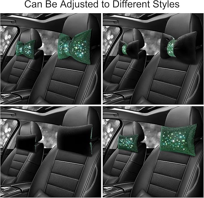 surpassme 2PCS Rhinestone Car Headrest Neck Pillow for Driving with Bling Bling Crystal Bow Pillow Car Accessories for Women (Green)