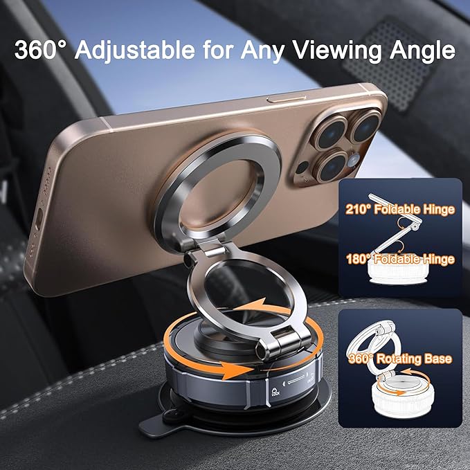Magnetic Phone Mount, Car Phone Holder for MagSafe, Enhanced Vacuum Suction Cup, 360° Adjustable, Strong N52 Magnets, Zinc Alloy, Cell Phone Accessories for iPhone 17 16 15 14 13 Series, and Android