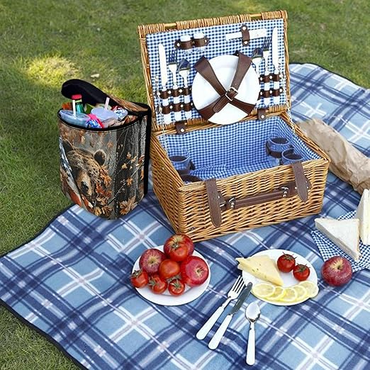 Camo Bear Car Trash Can Leak-Proof Car Trash Bin American Flag Collapsible Portable Auto Garbage Bag Large Capacity Trashcan Storage Bag Organizer