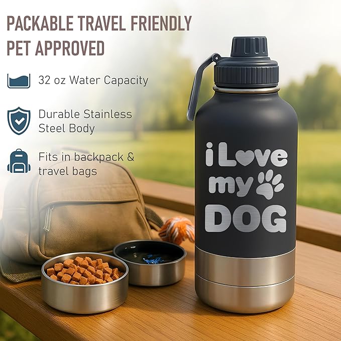 TEEAMORE I love My Water Tumbler with Bowls Personalized Stainless Steel Travel Bottle Brown