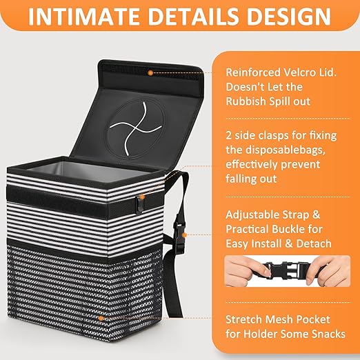 3 Gallons Car Trash Can with Lid, Car Trash Bag Bin Hanging Waterproof Automotive Garbage Cans Leak Proof Vehicle Trash Can Stripe