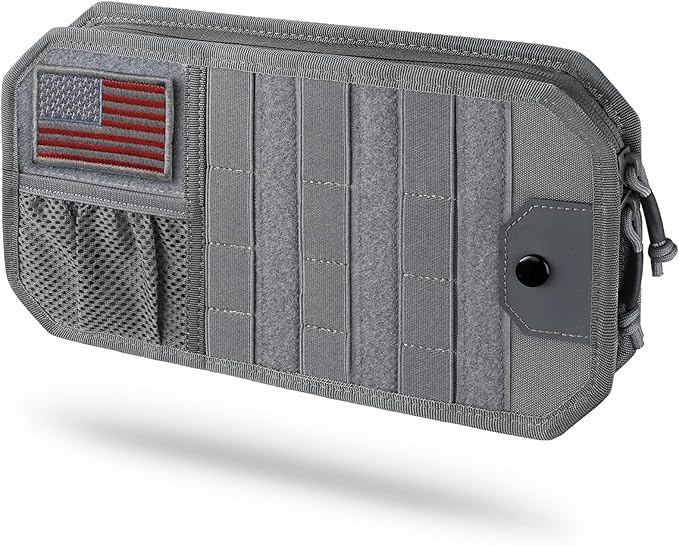LIVANS Tactical Car Sun Visor Organizer, Automotive Semi-Rigid MOLLE Panel with Zipper Storage Pouch & Glasses Clip, Universal Fit for Trucks, SUVs, Jeeps & Patrol Vehicles (Gray)