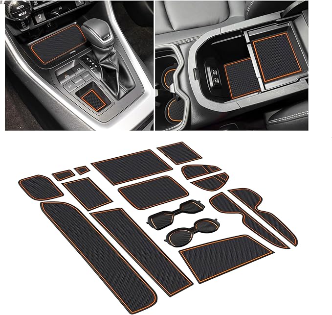 SENSHINE 3D Cup Holder Insert for Toyota Rav4 Accessories 2019-2023 2024 2025 Center Console Liner Door Pocket Mats Non-Slip Anti Dust Pad Premium Interior 16 Pcs (Orange Trim)