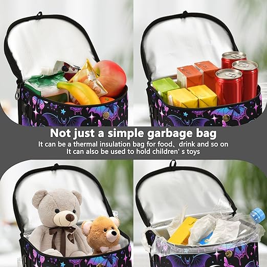 MNSRUU Car Trash Can with Lid, Neon Purple and Bats Stars and Moons Car Trash Bag Hanging Organizers and Storage for Front Back Seat, Leak-Proof Trash Bin