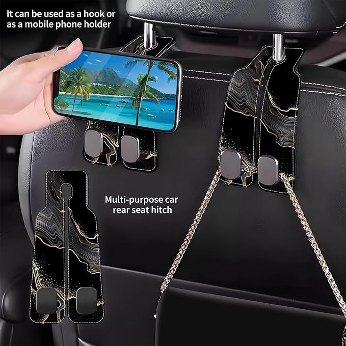 1 Pack Car Seat Headrest Hooks for Purses Abstract Black Golden Marble Bag Purse Holder for Car with Double Metal Hooks Car Purse Hanger Hanging Accessories