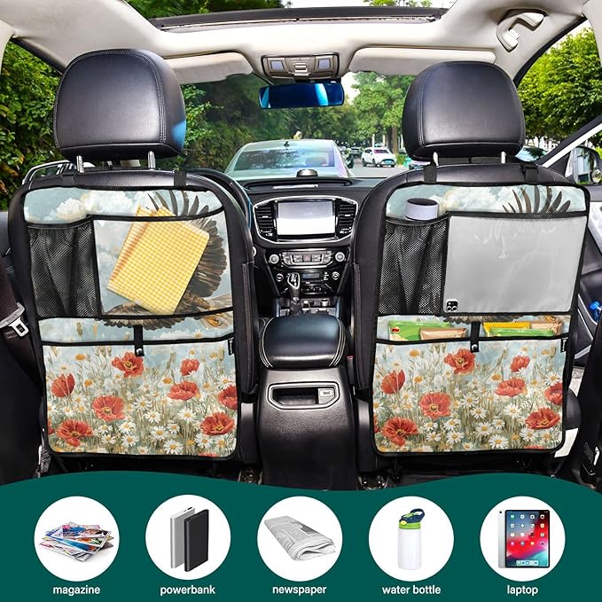 Blue Eagle Poppy and Daisy Flowers 1 Pack Backseat Car Organizer with Storage Pockets Seat Back Organizers for Kids Kick Mats Backseat Protector Automotive