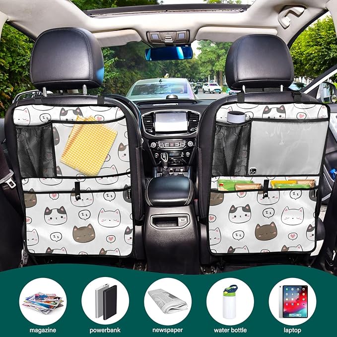 1 Pack Back Seat Organizer with Storage Pockets, Kick Mats, Car Organizer, Automotive Seat Back Cover, Cute Cats