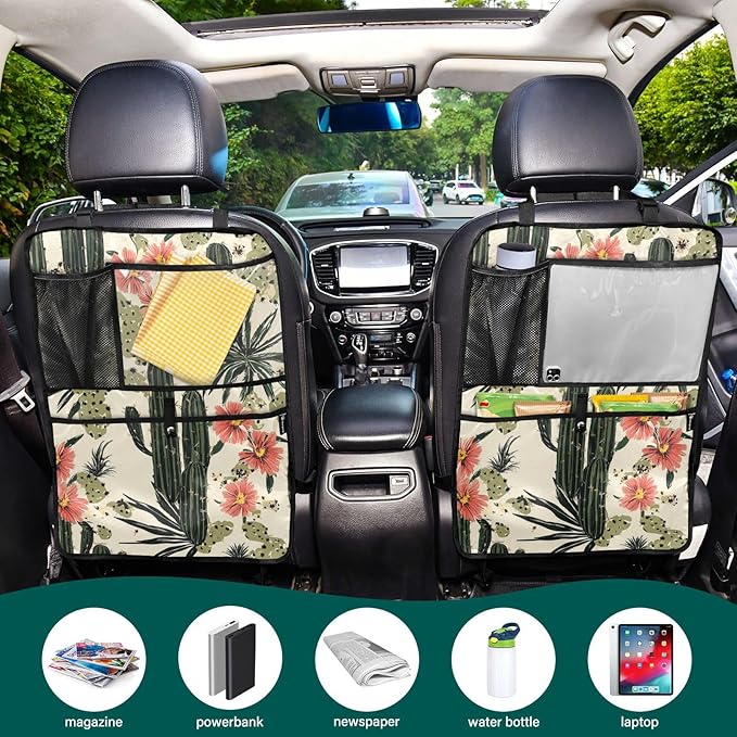 Retro Cactus Polynesia Flower 2 Pack Backseat Car Organizer with Storage Pockets Seat Back Organizers for Kids Kick Mats Backseat Protector Automotive