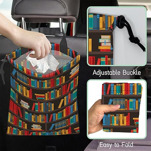 Bookshelves Car Trash Bag,Multicolored Book Hanging Drawstring Car Garbage Bag,Waterproof Canvas Car Back Seat Organizer with Adjustable Buckle,for Vehicles,SUVs,Camping,Road Trips