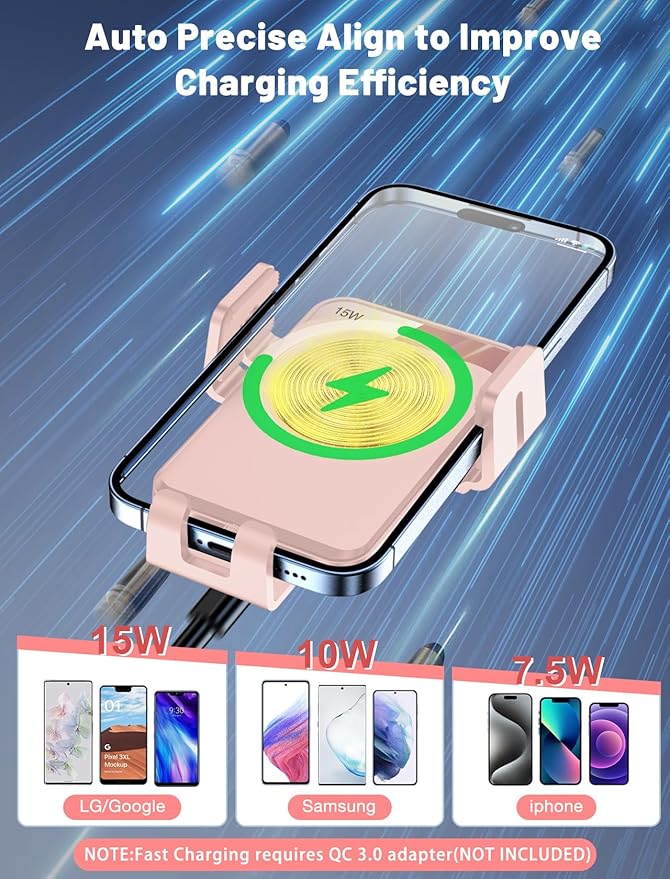 Wireless Car Charger, MOKPR Auto-Clamping Car Mount 15W/10W/7.5W Fast Charging Air Vent Car Phone Mount Compatible with iPhone 15/14/13/13 Pro/12 Pro Max/12 pro/12/11/10 Series, Samsung Galaxy Pink