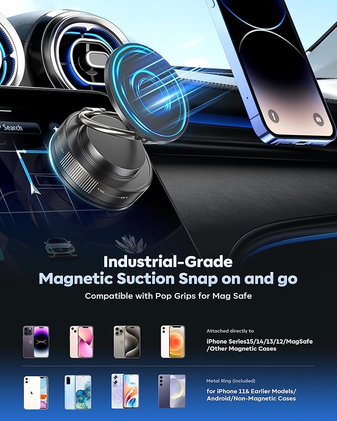 Vacuum Magnetic Phone Holder for Car,2800gf Strong Magnetic Phone Mount,360° Adjustable & Reinforced Suction Cup for Dashboard/Mirror,Car Phone Holder Compatible with iPhone Androi（Matte Black）