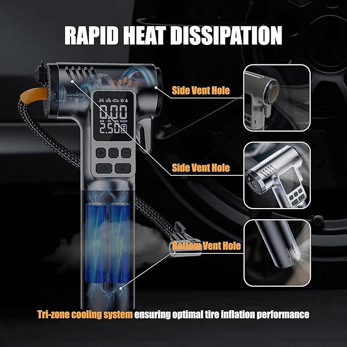 Portable Tire Inflator, 150PSI Air Compressor with LCD pressure gauge & Auto shut-off, Features built-in LED light, Safety hammer & Seatbelt Cutter, for Car/Bike/Motorcycles/Ball