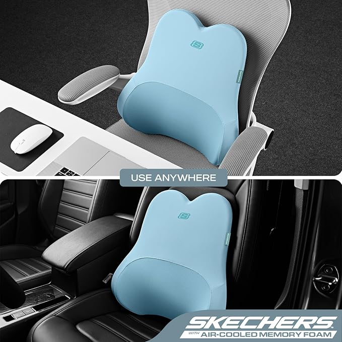 Skechers Air-Cooled & Memory Foam Lumbar Pillow,Lumbar Support Pillow for Office,Chair Lower Back Pain Relief Lumbar Pillow,Ergonomic Design Back Support Pillow for Office Chair,Car,Home,Travel,Blue