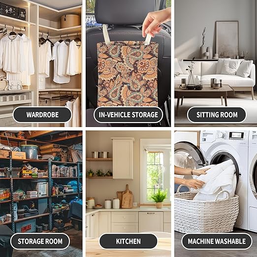 Cute Car Trash Can, Hanging Canvas Car Back Seat Organizer and Storage Bag, Funny Car Trash Bag for Travelling, Outdoor Boho Paisley Flower