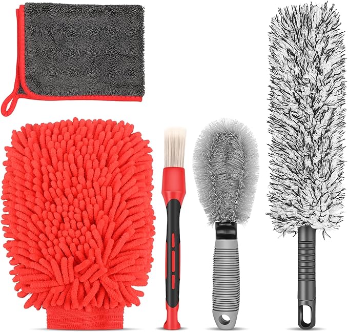 Preciva 5PCS Car Wheel & Tire Brush Kit -Car Cleaning Kit, Wheel Cleaner Brush, Soft-bristled Rim Brush, Car Drying Towel, Car Detailing Cleaning Wash Brush Supplies Kit for Interior Exterior Wheels