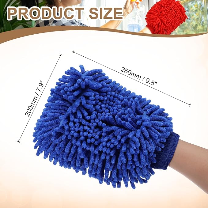 HARFINGTON 2pcs Chenille Microfiber Car Wash Mitts 9.8" x 7.9" Scratch Free Wash Gloves Absorbent Double Sided Plush Cleaning Drying Mitts for Car Washing Home Clean, Blue