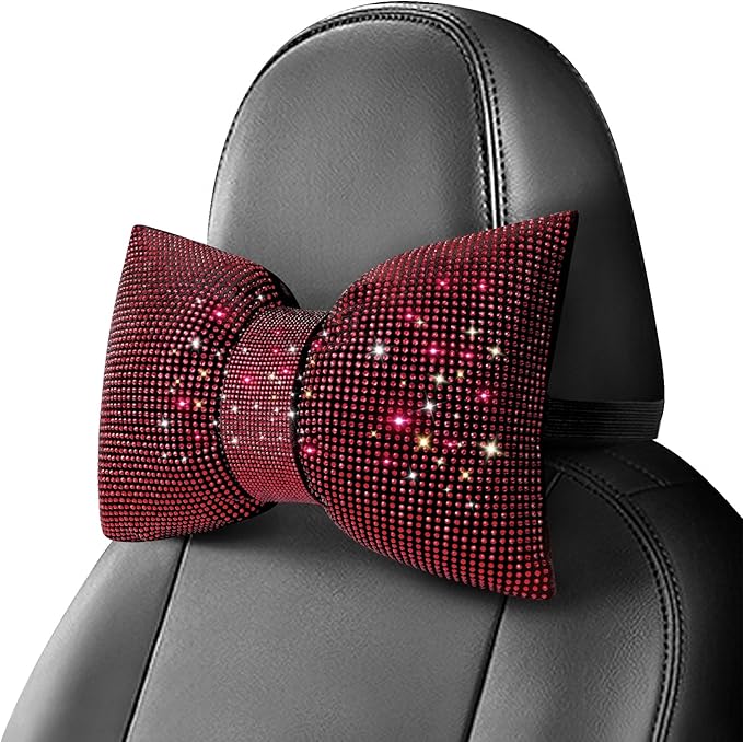 surpassme 2PCS Rhinestone Car Headrest Neck Pillow for Driving with Bling Bling Crystal Bow Pillow Car Accessories for Women (Red)