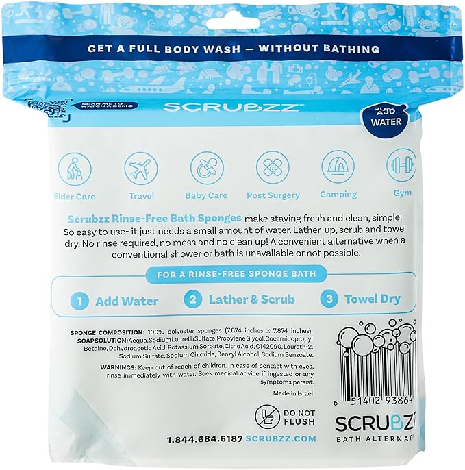 Scrubzz Disposable Rinse Free Bathing Wipes - 25 Pack - All-in-1 Single Use Shower Wipes, Simply Dampen, Lather, and Dry Without Shampoo or Rinsing
