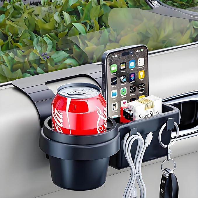 GDQ 4-in-1 Car Window Organizer (2 Pack) - Clip-On Cup Holder & Phone Mount with Hooks | No Drill Universal Fit for SUV/Truck/Sedan | Insert Installatio