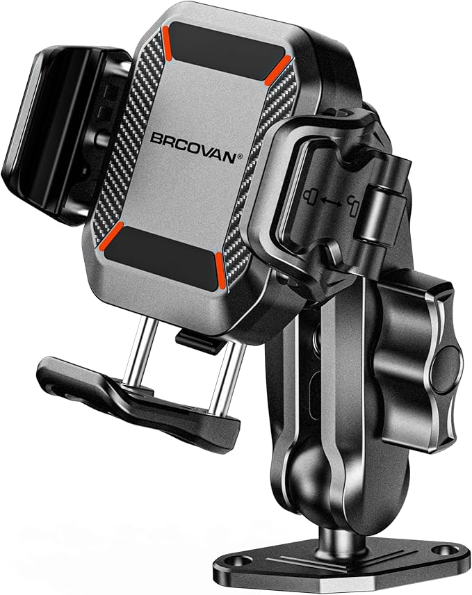 BRCOVAN Anti-Theft Phone Mount Holder with Vibration Dampener [Camera Friendly] [1s Lock & Release], with Aluminum Diamond Base & Medium Arm for Car Boat Truck Motorcycle UTV ATV Fit 5.4-7.2'' Phone