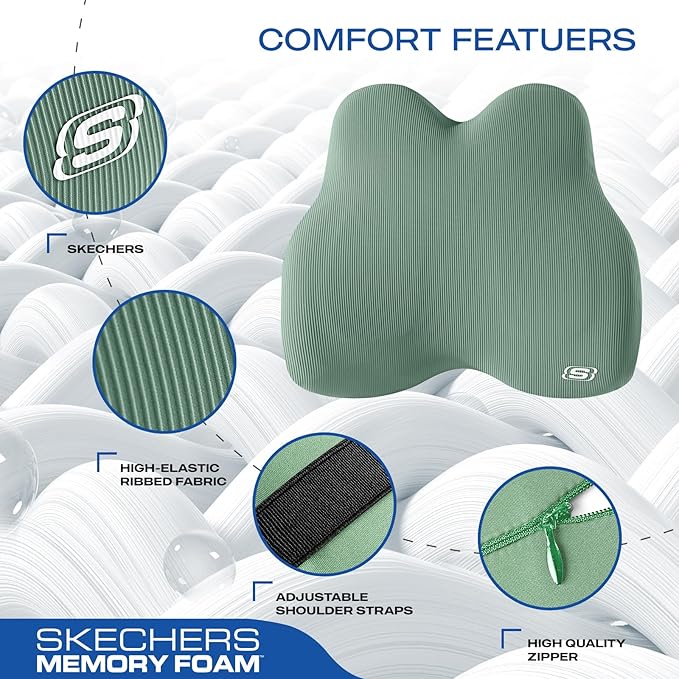 Skechers Women’s Lumbar Pillow, Memory Foam Lumbar Support Pillow for Office,Chair Lower Back Pain Relief Lumbar Pillow,Ergonomic Design Back Support Pillow for Office Chair,Car,Home,Travel,Green