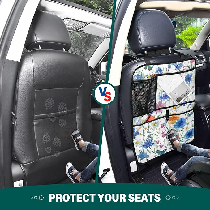 1 Pack Back Seat Car Organizer with Storage Pockets Kick Mats Back Seat Protector Hanging Car Organizer Automotive Seat Back Cover Organizers Watercolor Cornflower Daisy