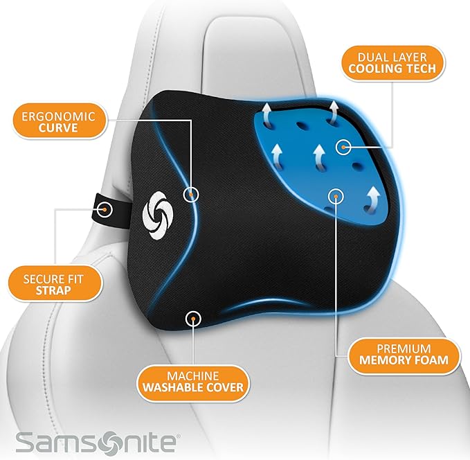 Samsonite Ergonomic Neck Pillow – Large Car Neck Pillow for Driving, Gel Memory Foam Cushion for Travel, Cooling Car Support Headrest for Road Trips, Fits Cars, SUV's, Trucks, and Desk Chairs, Black