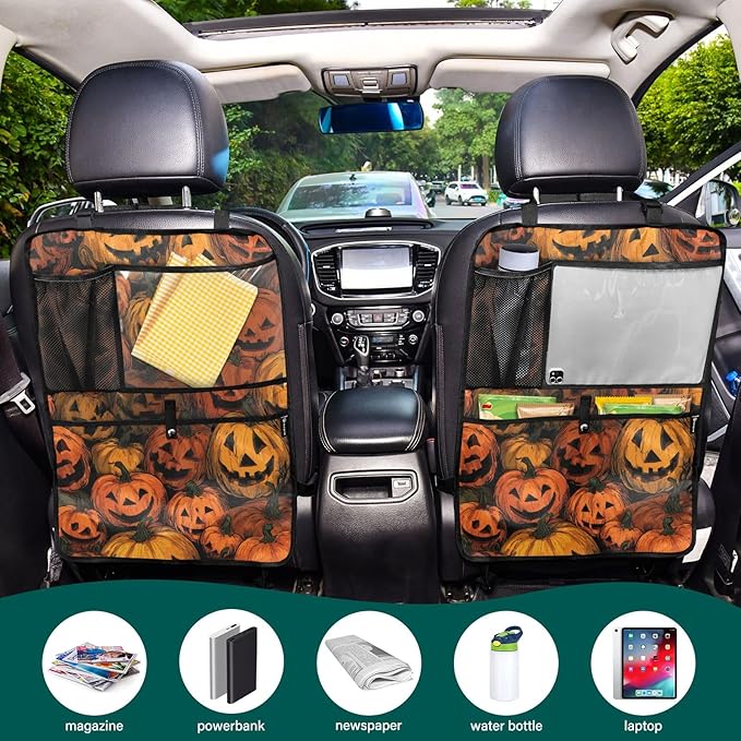 1 Pack Back Seat Car Organizer with Storage Pockets Kick Mats Back Seat Protector Hanging Car Organizer Automotive Seat Back Cover Organizers Cartoon Orange Halloween Pumpkin Lanterns