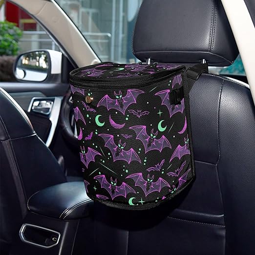 MNSRUU Car Trash Can with Lid, Neon Purple and Bats Stars and Moons Car Trash Bag Hanging Organizers and Storage for Front Back Seat, Leak-Proof Trash Bin