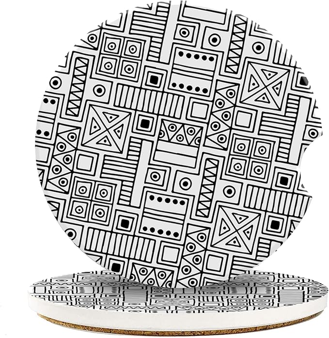 Black White Tribal Striped Ceramic Car Coaster for Cup Holders - 2.56 Inch Anti-Slip Cork Base - 2Pcs Auto Accessories for Women Men