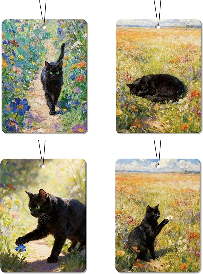 Vintage Black Cat Floral Air Freshener 4Pcs, Artistic Cat & Flower Field Air Freshener for Car Interior, Closet, Drawer, Books,Car Mirror Decor Hanging, Gift for Cat Lovers