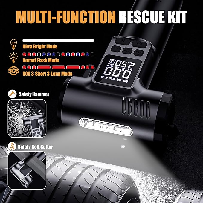Portable Tire Inflator, 150PSI Air Compressor with LCD pressure gauge & Auto shut-off, Features built-in LED light, Safety hammer & Seatbelt Cutter, for Car/Bike/Motorcycles/Ball