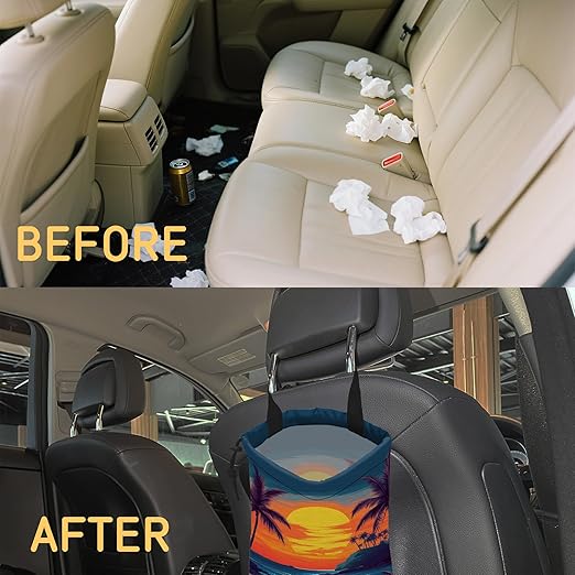 Beach Sunset Car Garbage Bag,Coconut Trees Small Car Trash Bag Hanging,Drawstring Car Garbage Bag with Adjustable Buckle for Car Back Seat,SUVs,Camping,Road Trips