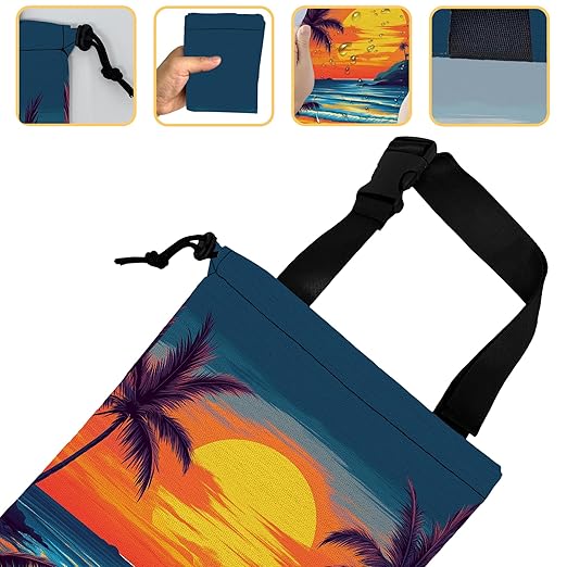Beach Sunset Car Garbage Bag,Coconut Trees Small Car Trash Bag Hanging,Drawstring Car Garbage Bag with Adjustable Buckle for Car Back Seat,SUVs,Camping,Road Trips
