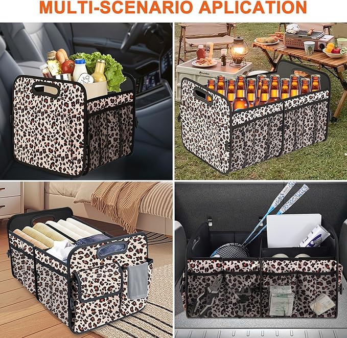 Trunk Organizer, Collapsible Trunk Organizers and Storage, Car Accessories for Women and Men, Multi-Compartment Trunk Storage Organizer for SUV, Car, Mini-Van, Leopard Print