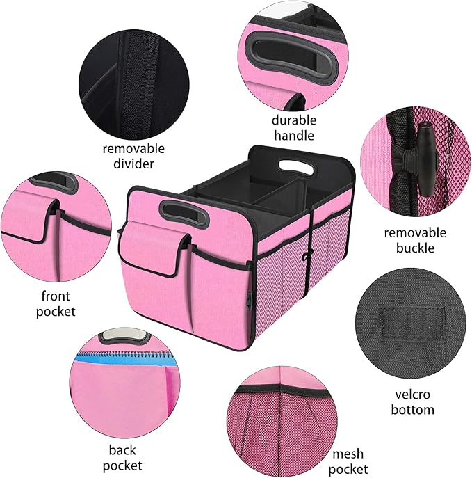 Trunk Organizer, Collapsible Trunk Organizers and Storage, Car Accessories for Women and Men, Multi-Compartment Trunk Storage Organizer for SUV, Car, Mini-Van, Pink
