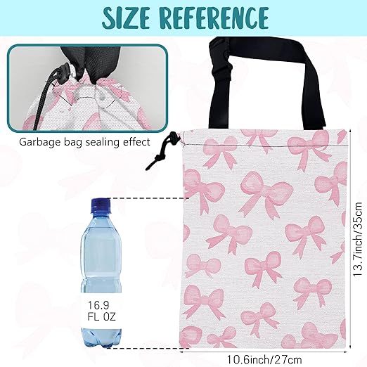 Car Trash Bag Pink Ribbon Bow Hanging Drawstring Car Organizer and Storage Bag with Adjustable Buckle Canvas Garbage Bin for Back Seat or Hanging Headrest Car Decor Road Trip Essentials