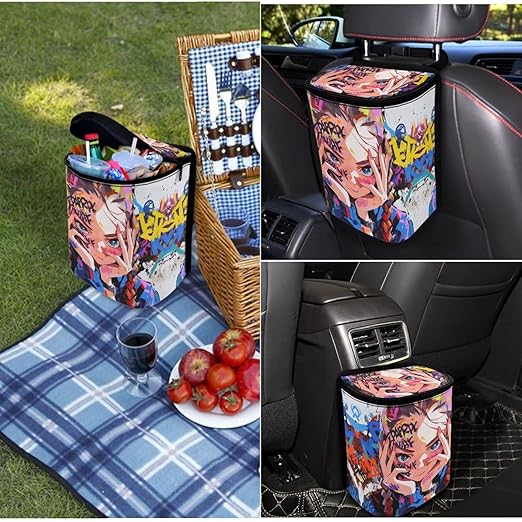 1.2 Gallons Car Garbage Can with Lid, Macaron Gradient Auto Trash Bag, Adjustable Hanging for Tail of Console/Back of Seats, Easy to Install, Odor-Free with Zipper Leak-Proof Lid Design