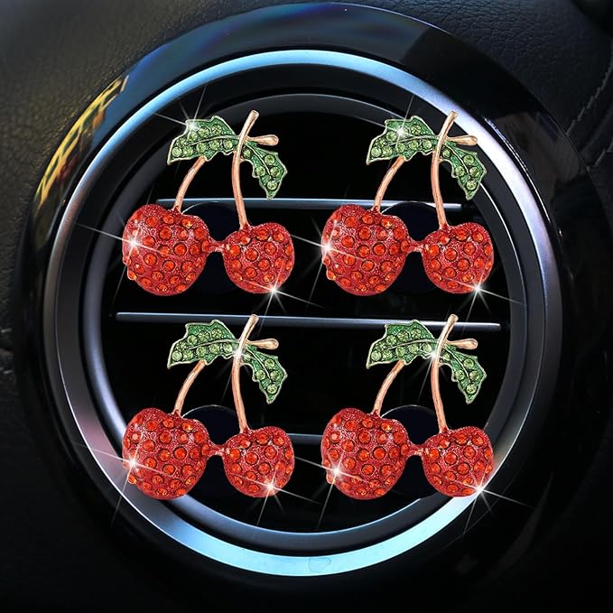 4 Pcs Cherry Decor Air Vent Clips Car Accessories,Stylish Fresheners Automotive Accessories for Women Interior Upgrade,Cherry Rhinestone Clip Bling Cute Car Interior Decoration for Women Decor