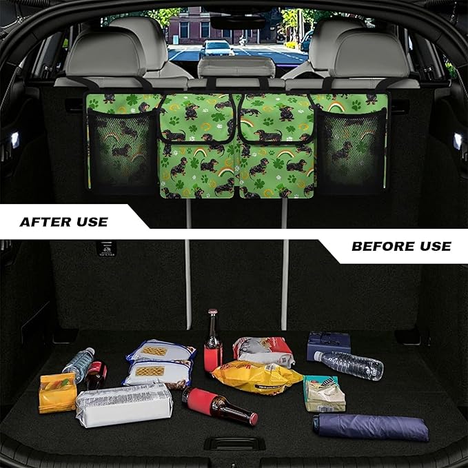 CLOHOMIN St. Patrick's Day Car Trunk Organizer Dachshund Car Trunk Organizers Green Leaf Backseat Hanging Storage Car Accessories Backseat Car Organizer for SUV Trucks Sedan