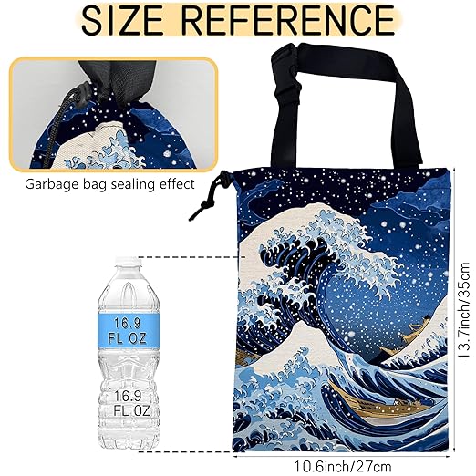 Great Sea Wave Car Garbage Bag, Small Car Trash Bag Hanging Back of Seat,Drawstring Car Trash Bag with Adjustable Buckle,Car Accessories for Camping Travelling