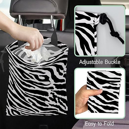 Zebra Stripes Car Garbage Bag,Waterproof Small Car Trash Bag Hanging Back of Seat,Drawstring Hanging Car Trash Bag with Adjustable Buckle for Car Accessories