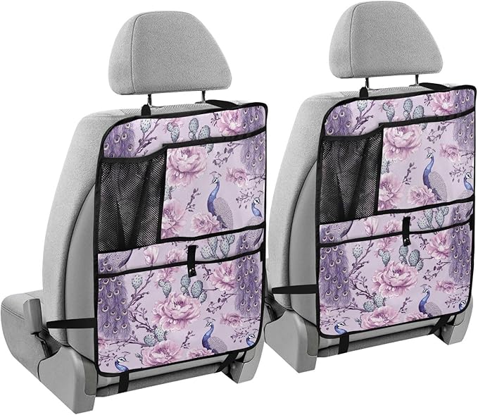 Purple Peacock and Cactus 01 2 Pack Backseat Car Organizer with Storage Pockets Seat Back Organizers for Kids Kick Mats Backseat Protector Automotive