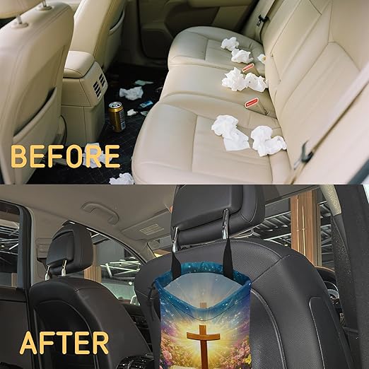 Glowing Bible Cross Car Trash Bag,Colorful Flowers Strap Drawstring Car Garbage Bags,Car Back Seat Organizer with Adjustable Buckle for Car Accessories