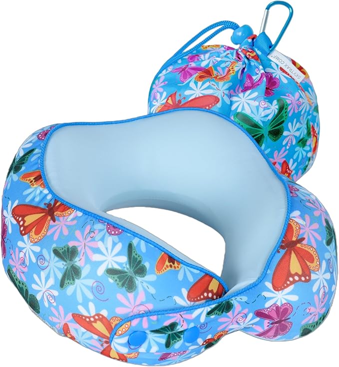 SKYTRAX® Certified Kids Safe Memory Foam Travel Neck Pillow for Kids and Toddlers, Cute Cartoon Design, Car Seat & Airplane Head Neck Support, Adjustable Snap Button, Washable Soft Cover (Butterfly)